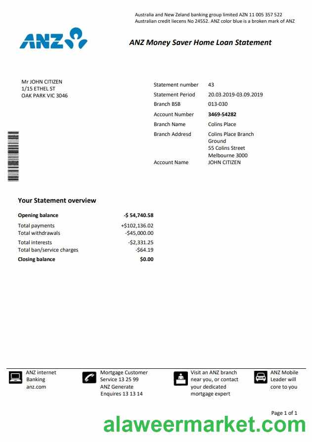 Australia ANZ proof of address bank statement template1